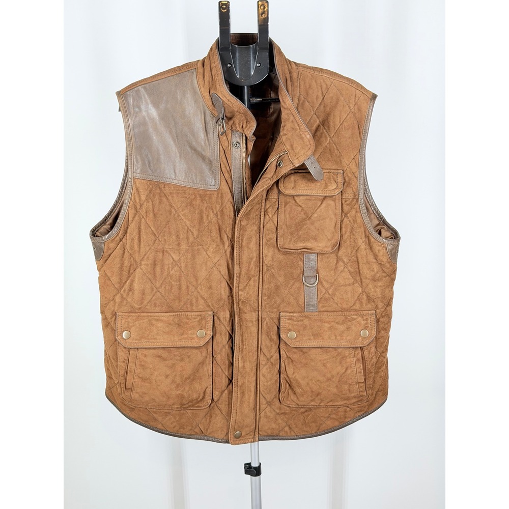 Cremieux Mens Quilted Suede Shooting Vest Brown Leather Trim XL Hunting Gilet